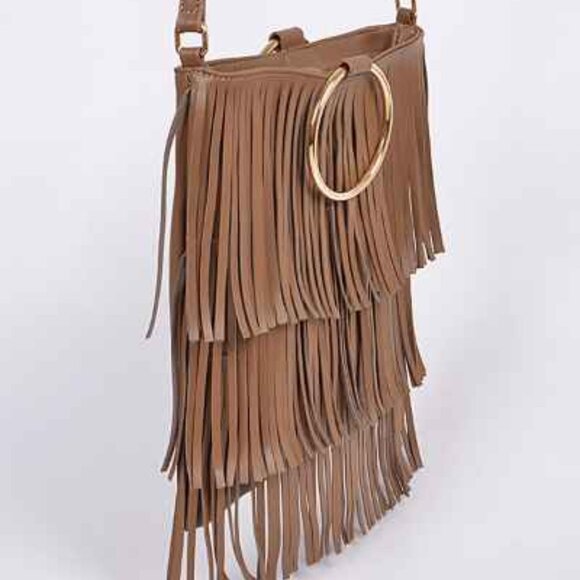 Fringe Tiered /Tassel/ Gold Hoop / Boho Style Crossbody/ Retro 70s - Brown - NWT - Picture 2 of 8